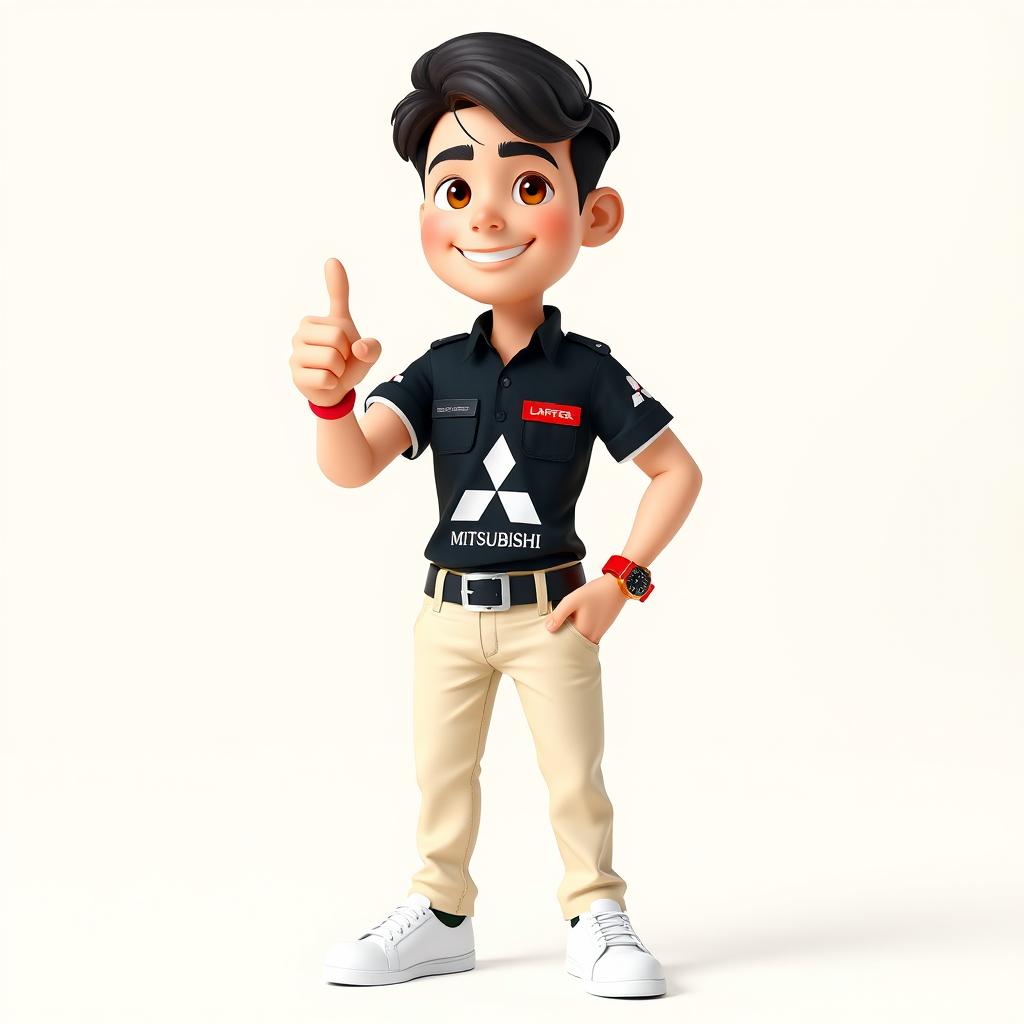 A vibrant 3D cartoon image of a 31-year-old male Mitsubishi sales marketing representative