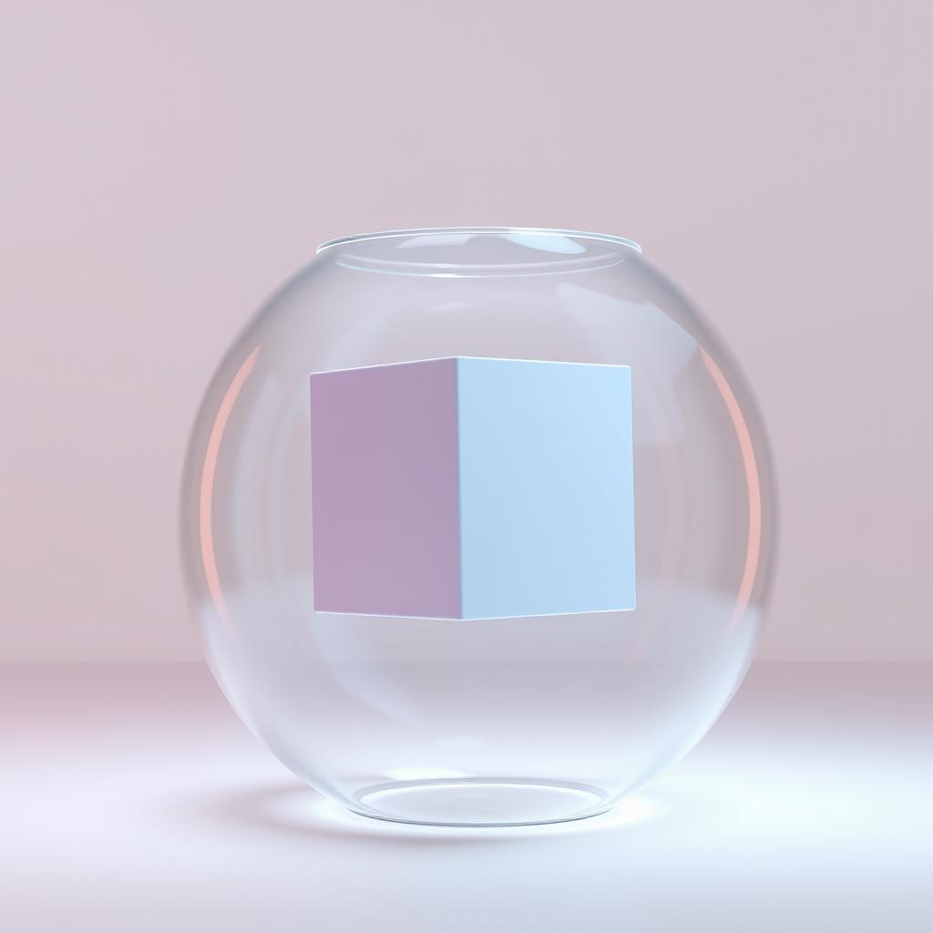 A 3D rendering of a cube placed inside a transparent cylinder, showcasing the geometric contrast between the two shapes