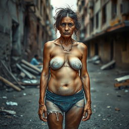 A full-body portrait of a poor woman standing in a desolate urban setting, wearing torn and dirty underwear, with unkempt hair that reflects her challenging circumstances