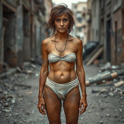 A full-body portrait of a poor woman standing in a desolate urban setting, wearing torn and dirty underwear, with unkempt hair that reflects her challenging circumstances