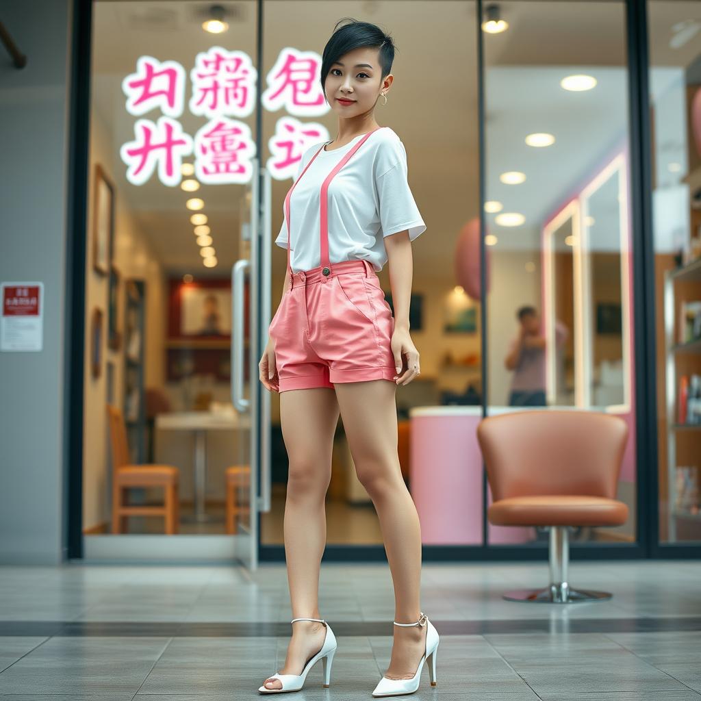 A photorealistic image of a 20-year-old Asian slim lady with a totally short clippered buzzed shaved black hairstyle standing confidently in front of a hair salon