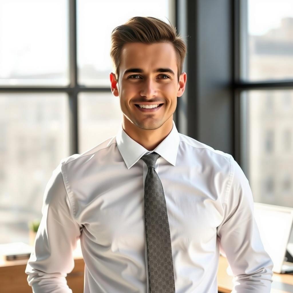A young, handsome businessman with a charming smile, wearing a crisp white shirt and a stylish tie, standing confidently in a modern office