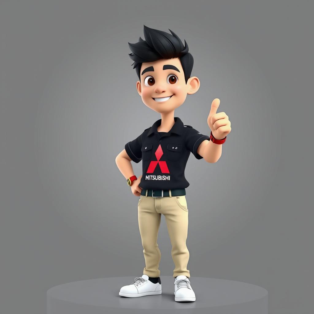 A 3D cartoon image of a 31-year-old male with short black hair standing confidently with his thumb up