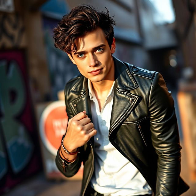 A stylish, fashionable young man with tousled dark hair and striking blue eyes, wearing a tailored black leather jacket over a crisp white shirt