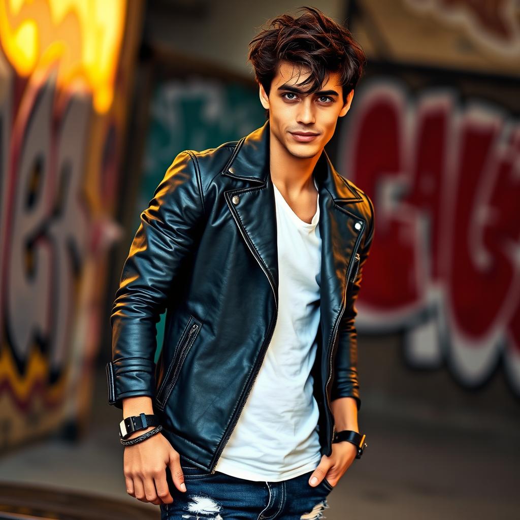 A stylish, fashionable young man with tousled dark hair and striking blue eyes, wearing a tailored black leather jacket over a crisp white shirt