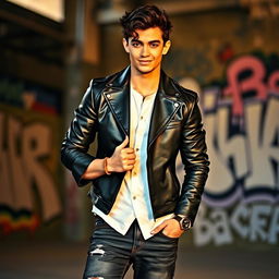 A stylish, fashionable young man with tousled dark hair and striking blue eyes, wearing a tailored black leather jacket over a crisp white shirt