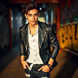 A stylish, fashionable young man with tousled dark hair and striking blue eyes, wearing a tailored black leather jacket over a crisp white shirt