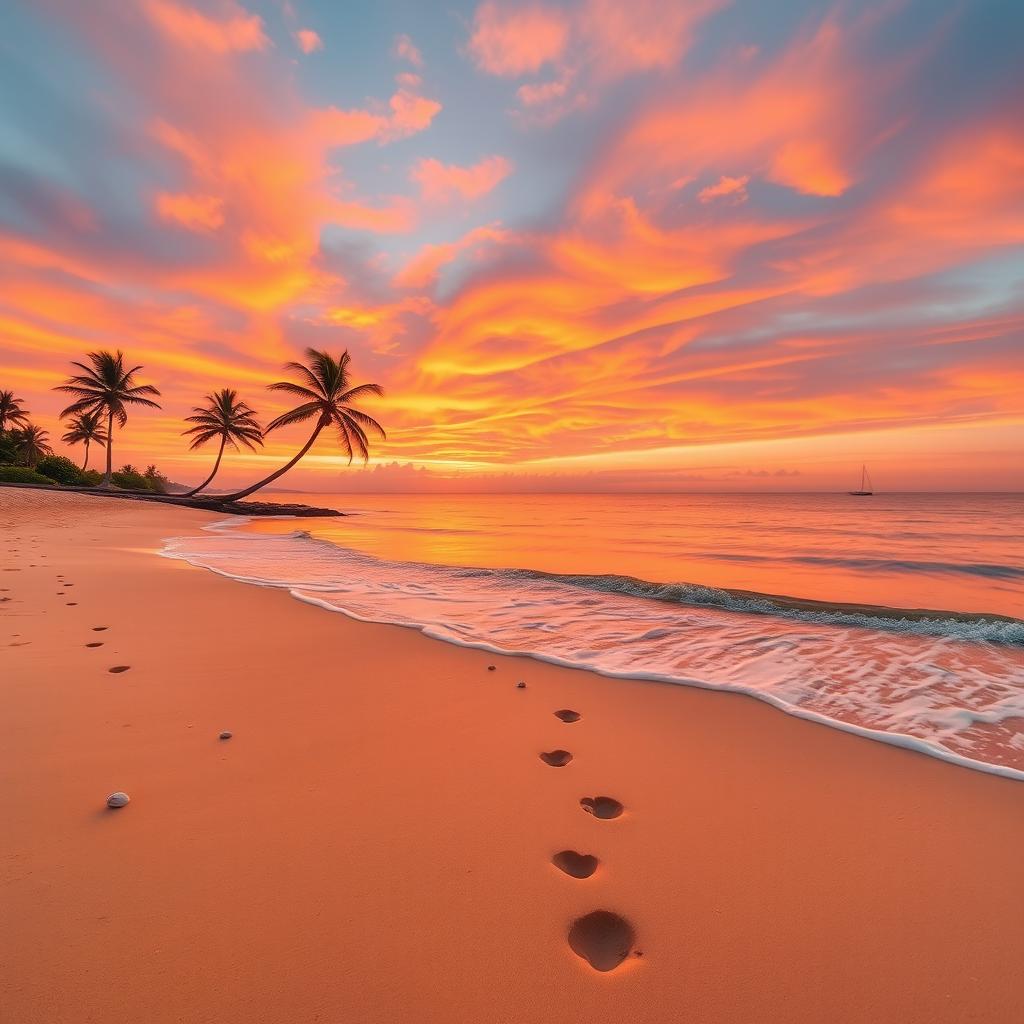 A picturesque beach scene at sunset with golden sand, gentle waves lapping at the shore, and vibrant colors in the sky ranging from orange to pink