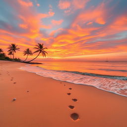 A picturesque beach scene at sunset with golden sand, gentle waves lapping at the shore, and vibrant colors in the sky ranging from orange to pink