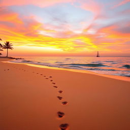 A picturesque beach scene at sunset with golden sand, gentle waves lapping at the shore, and vibrant colors in the sky ranging from orange to pink