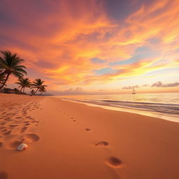 A picturesque beach scene at sunset with golden sand, gentle waves lapping at the shore, and vibrant colors in the sky ranging from orange to pink