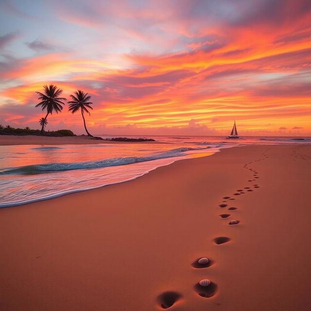 A picturesque beach scene at sunset with golden sand, gentle waves lapping at the shore, and vibrant colors in the sky ranging from orange to pink