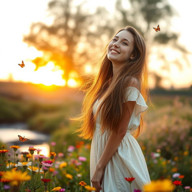 A young woman with long flowing hair, standing in a serene nature setting surrounded by colorful wildflowers