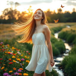 A young woman with long flowing hair, standing in a serene nature setting surrounded by colorful wildflowers
