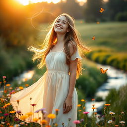 A young woman with long flowing hair, standing in a serene nature setting surrounded by colorful wildflowers