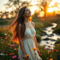 A young woman with long flowing hair, standing in a serene nature setting surrounded by colorful wildflowers