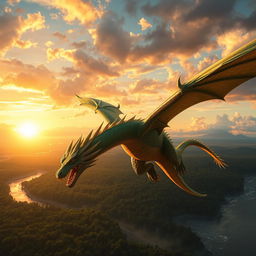 A majestic and enormous dragon soaring through a vibrant, cloudy sky, its scales shimmering in shades of emerald green and gold