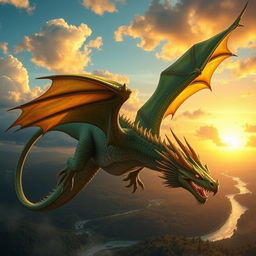A majestic and enormous dragon soaring through a vibrant, cloudy sky, its scales shimmering in shades of emerald green and gold