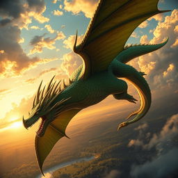 A majestic and enormous dragon soaring through a vibrant, cloudy sky, its scales shimmering in shades of emerald green and gold
