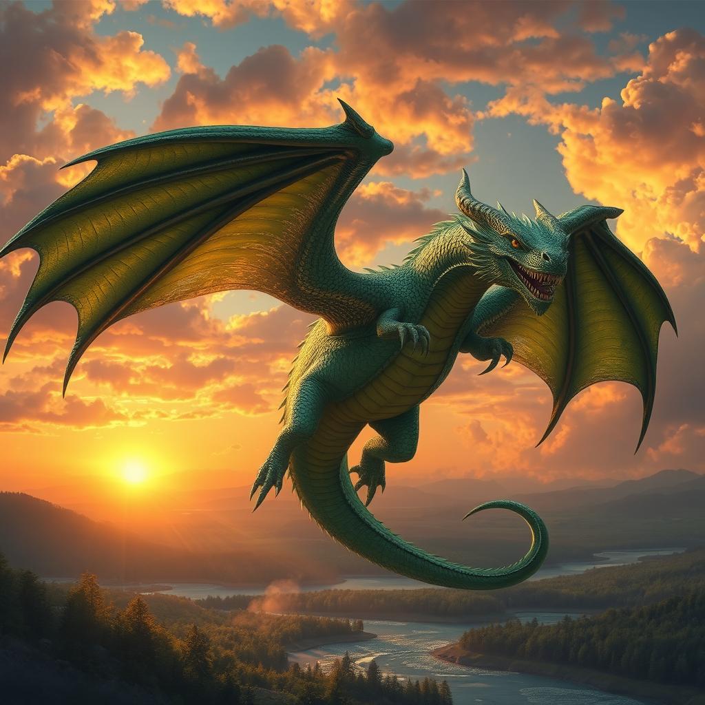 A majestic and enormous dragon soaring through a vibrant, cloudy sky, its scales shimmering in shades of emerald green and gold