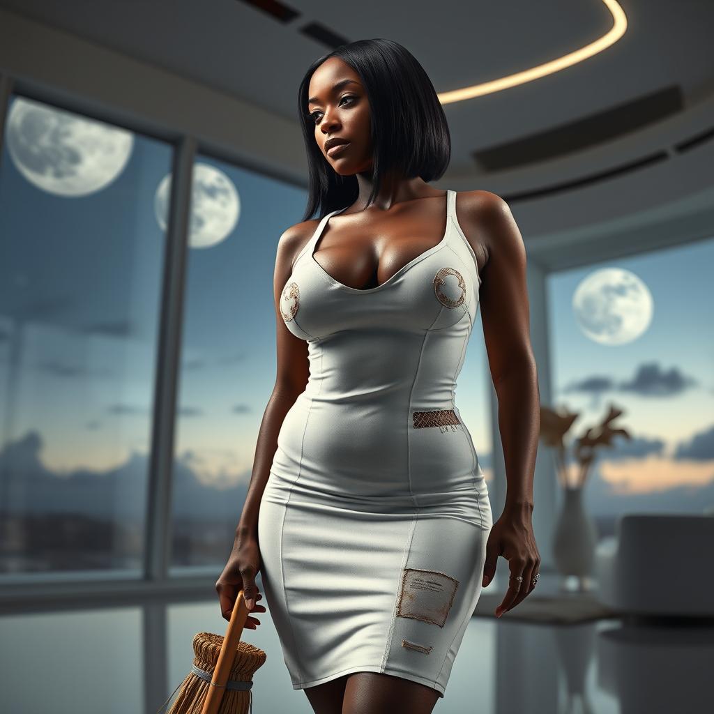 A realistic full-body image of a mature woman, around 50 years old, with straight black hair and African features