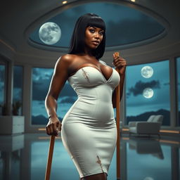 A realistic full-body image of a mature woman, around 50 years old, with straight black hair and African features