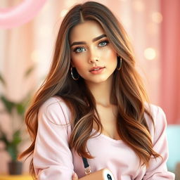 A beautifully styled young woman with an elegant demeanor, wearing a fashionable outfit that showcases her unique sense of style