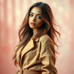 A beautifully styled young woman with an elegant demeanor, wearing a fashionable outfit that showcases her unique sense of style