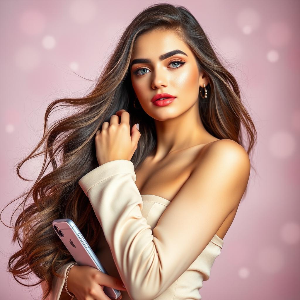 A beautifully styled young woman with an elegant demeanor, wearing a fashionable outfit that showcases her unique sense of style