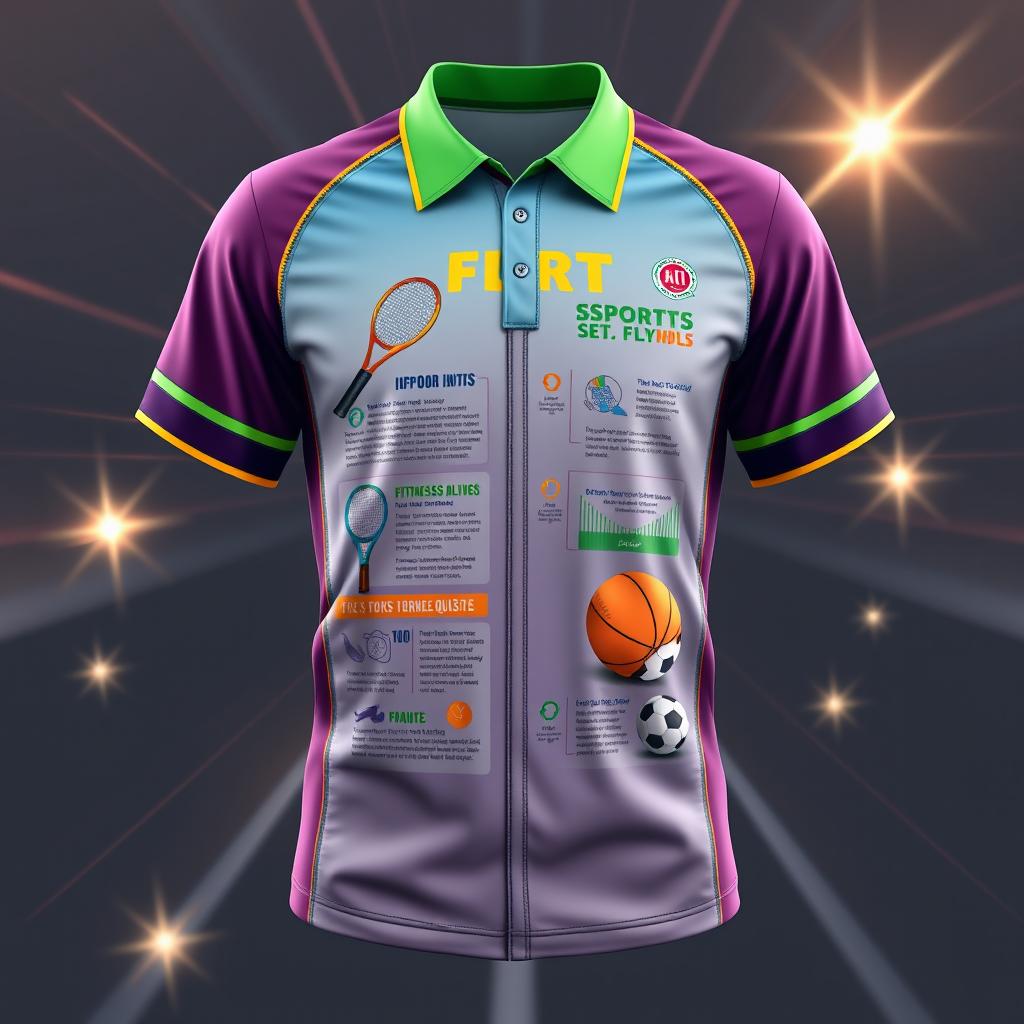 A creative educational design of a sports jersey, featuring vibrant colors and patterns, showcasing various elements of sports education