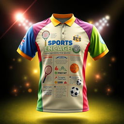 A creative educational design of a sports jersey, featuring vibrant colors and patterns, showcasing various elements of sports education