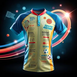 A creative educational design of a sports jersey, featuring vibrant colors and patterns, showcasing various elements of sports education