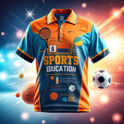 A creative educational design of a sports jersey, featuring vibrant colors and patterns, showcasing various elements of sports education