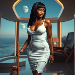A realistic full-body image of a mature woman, around 50 years old, with straight black hair and African features