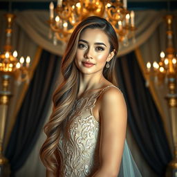 A glamorous young woman with long flowing hair, wearing an elegant evening gown adorned with intricate lace and sequins