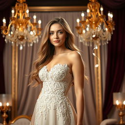 A glamorous young woman with long flowing hair, wearing an elegant evening gown adorned with intricate lace and sequins