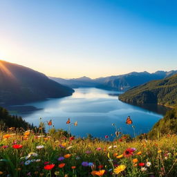 A serene landscape featuring a vast lake surrounded by lush green mountains, reflecting the clear blue sky