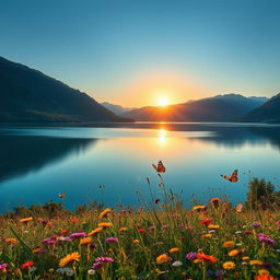 A serene landscape featuring a vast lake surrounded by lush green mountains, reflecting the clear blue sky