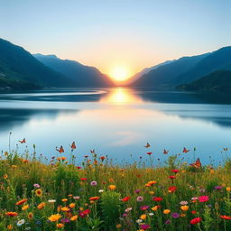 A serene landscape featuring a vast lake surrounded by lush green mountains, reflecting the clear blue sky