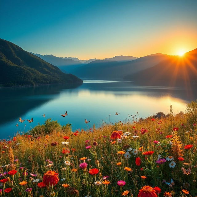 A serene landscape featuring a vast lake surrounded by lush green mountains, reflecting the clear blue sky