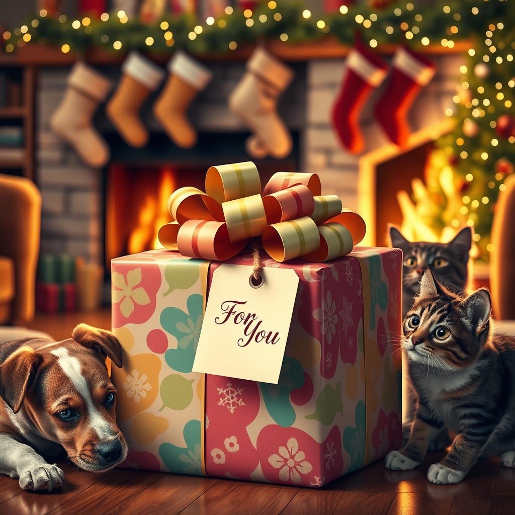 A beautifully wrapped gift box with colorful paper and an oversized bow, surrounded by festive decorations