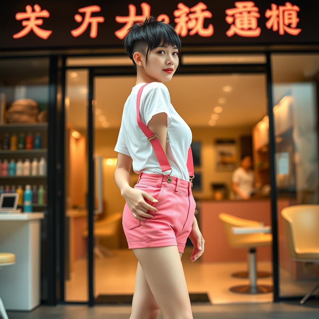 A photorealistic image of a 20-year-old Asian slim lady with a totally short clippered buzzed shaved black hairstyle standing confidently in front of a hair salon