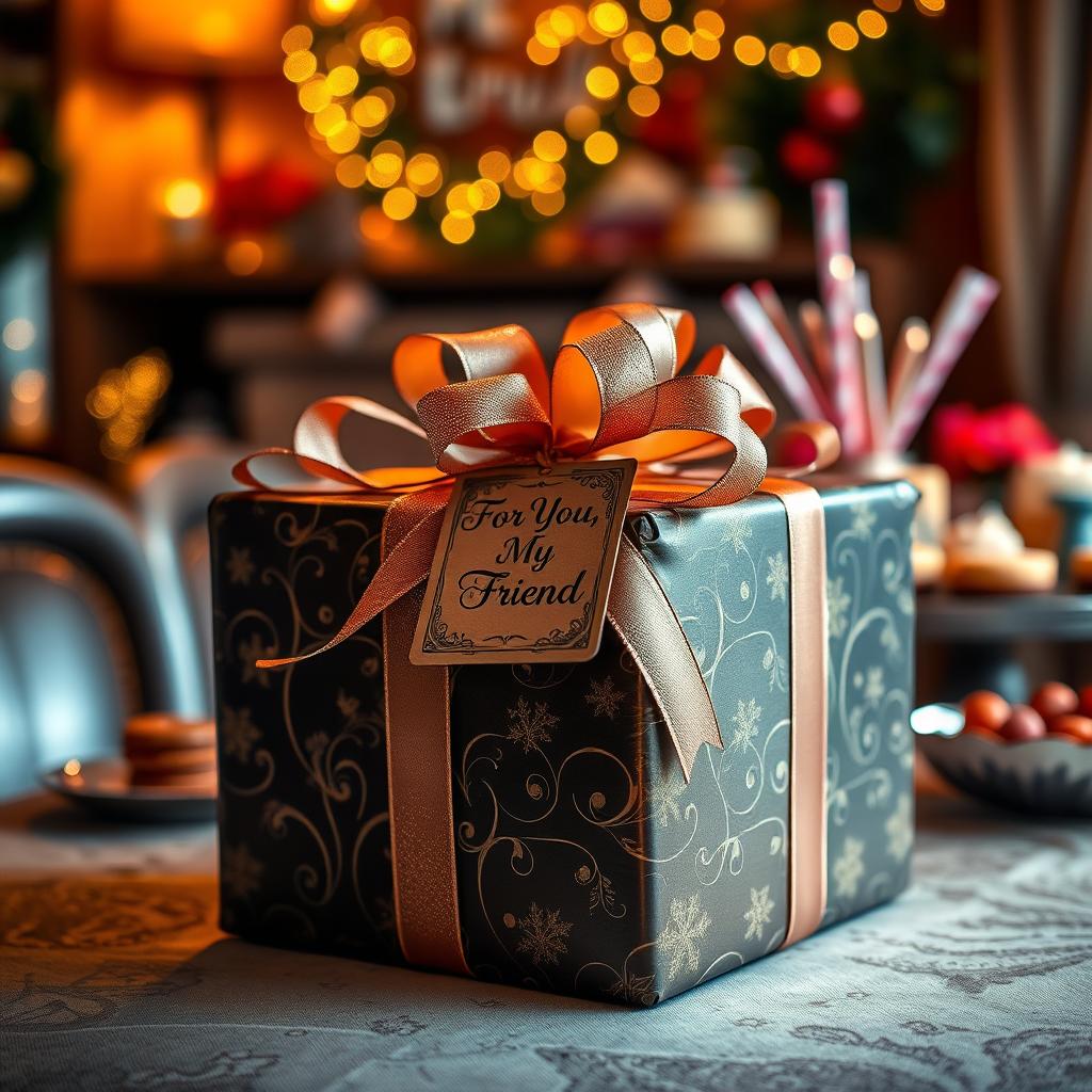 A beautifully wrapped gift box, adorned with elegant ribbons and a tag that reads "For You, My Friend"