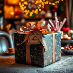 A beautifully wrapped gift box, adorned with elegant ribbons and a tag that reads "For You, My Friend"