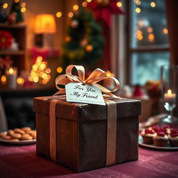 A beautifully wrapped gift box, adorned with elegant ribbons and a tag that reads "For You, My Friend"