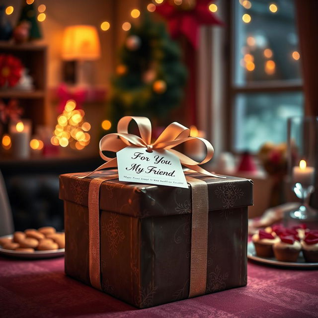 A beautifully wrapped gift box, adorned with elegant ribbons and a tag that reads "For You, My Friend"