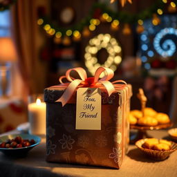 A beautifully wrapped gift box, adorned with elegant ribbons and a tag that reads "For You, My Friend"
