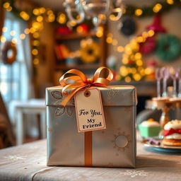 A beautifully wrapped gift box, adorned with elegant ribbons and a tag that reads "For You, My Friend"
