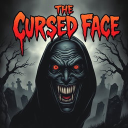 A chilling horror comic cover for 'The Cursed Face', depicting a sinister, grotesque face emerging from the darkness, half-hidden in ominous shadows