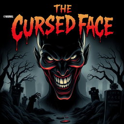 A chilling horror comic cover for 'The Cursed Face', depicting a sinister, grotesque face emerging from the darkness, half-hidden in ominous shadows